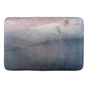 Modern Watercolor Blue & Rose Gold Pink Blush Glam Bath Mat