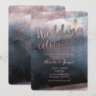 Modern Watercolor Blue & Rose Gold Pink Wedding Invitation