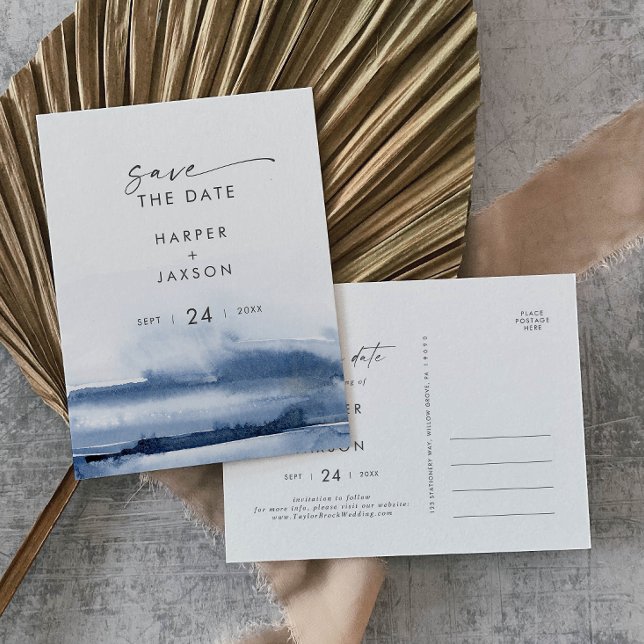 Modern Watercolor | Blue Save the Date Invitation Postcard (Creator Uploaded)