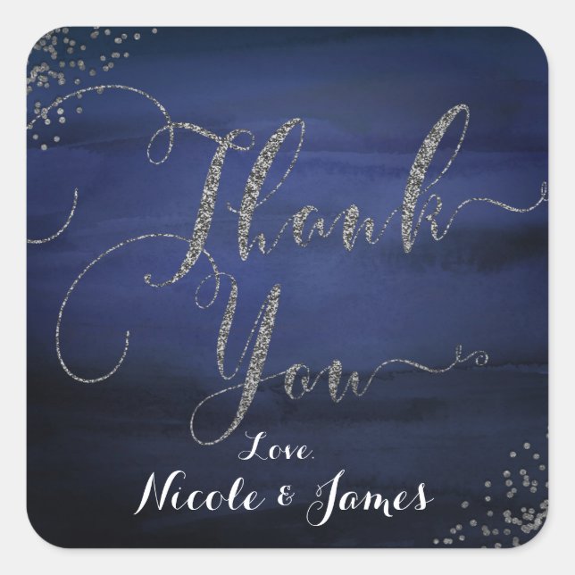 Modern Watercolor Blue Silver Confetti Thank You Square Sticker (Front)