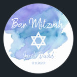 Modern Watercolor Blue Star Bat Bar Mitzvah Classic Round Sticker<br><div class="desc">Add these gorgeous small round envelope sticker seals Jewish Bat or Bar Mitzvah (calling to the Torah) to your invitations, envelopes, thank you cards or any other item such as thank you gifts or favours. For boy or girl. Modern Trendy white script calligraphy letters design. Watercolor background in blue, teal,...</div>