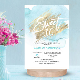Modern Watercolor Blue Sweet 16 Sixteen 3.5x5" Invitation