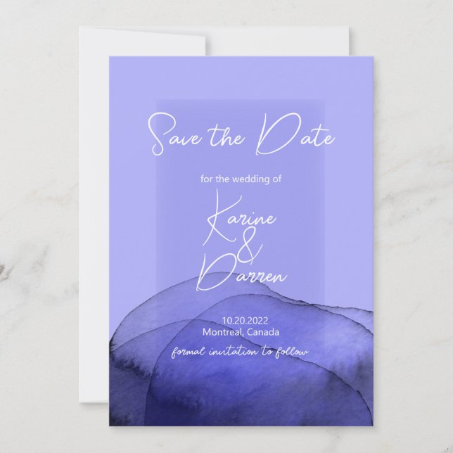 Modern watercolor blue-violet purple Save the Date (Front)