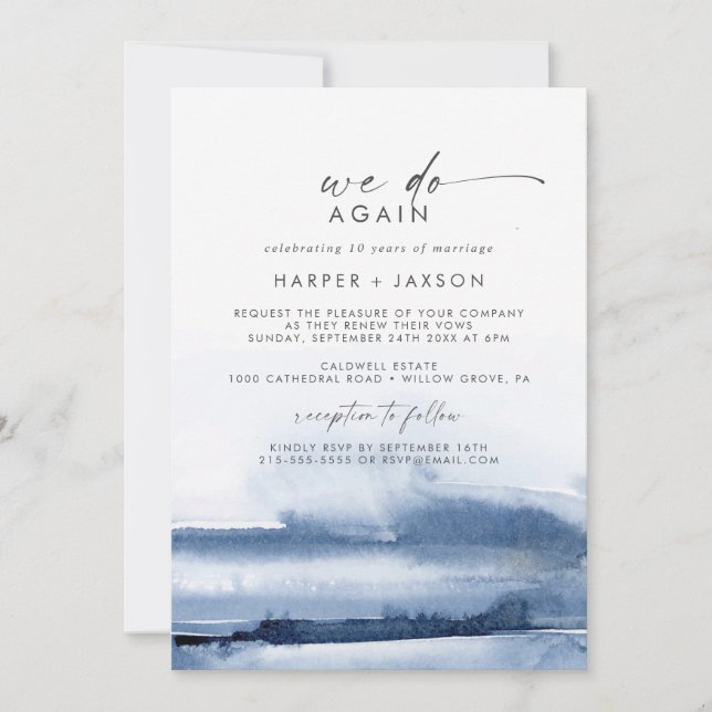 Modern Watercolor | Blue We Do Again Vow Renewal Invitation (Front)