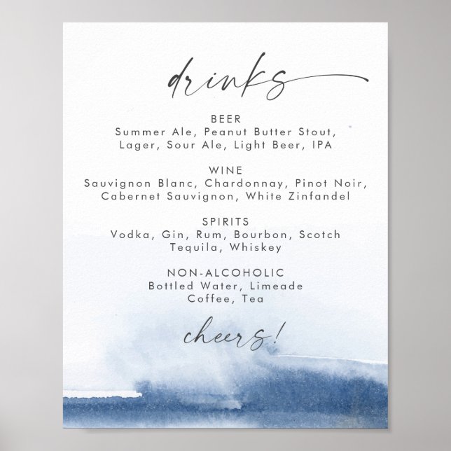 Modern Watercolor | Blue Wedding Drinks Menu Sign (Front)