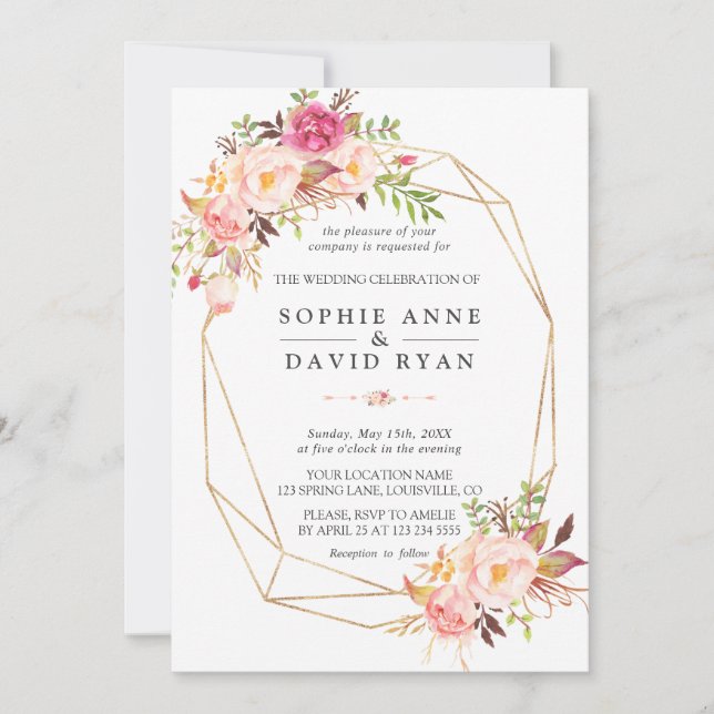 Modern Watercolor Blush Flowers Gold Wedding Invitation (Front)