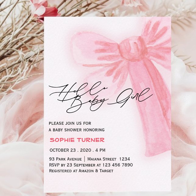 Modern Watercolor Blush Pink Bow Girl Baby Shower Invitation (Creator Uploaded)