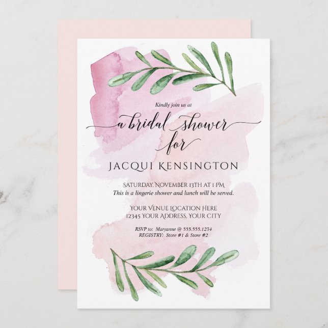 Modern Watercolor Blush Pink Eucalyptus Foliage Invitation (Front/Back)