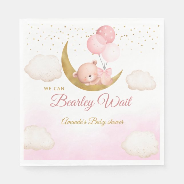 Modern Watercolor Boho pink teddy bear baby shower Napkin (Front)
