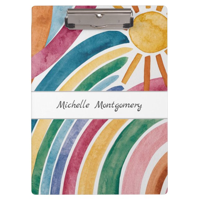 Modern Watercolor Boho Rainbow and Sunshine Custom Clipboard (Front)