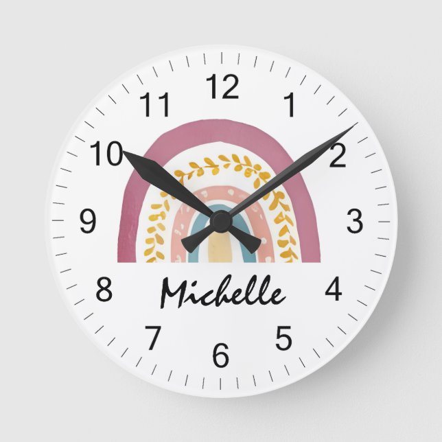 Modern Watercolor Boho Rainbow Custom Girls Cute   Round Clock (Front)