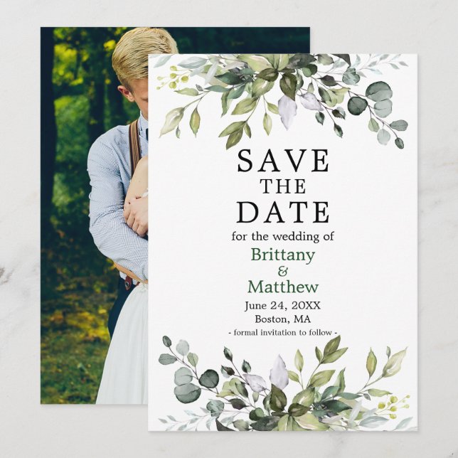 Modern Watercolor Botanical Greenery Photo Green Save The Date (Front/Back)