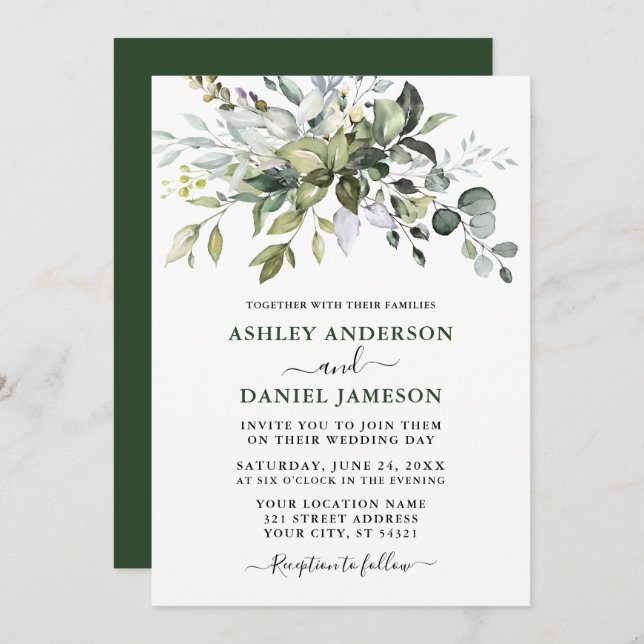 Modern Watercolor Botanical Greenery Wedding Green Invitation (Front/Back)