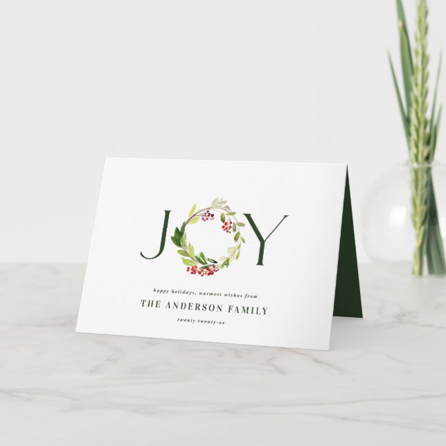 Modern watercolor botanical joy chic elegant holiday card (Front)