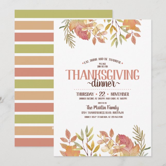 Modern Watercolor Botanical Thanksgiving Dinner Invitation (Front/Back)