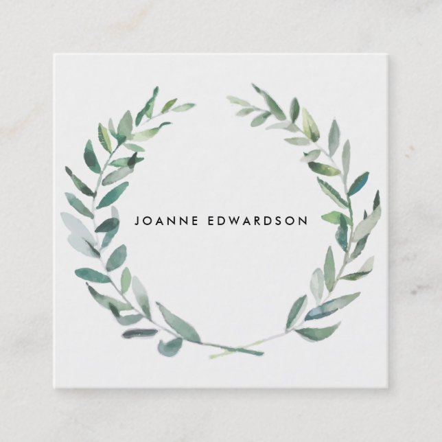 Modern watercolor branch wreath professional square business card (Front)