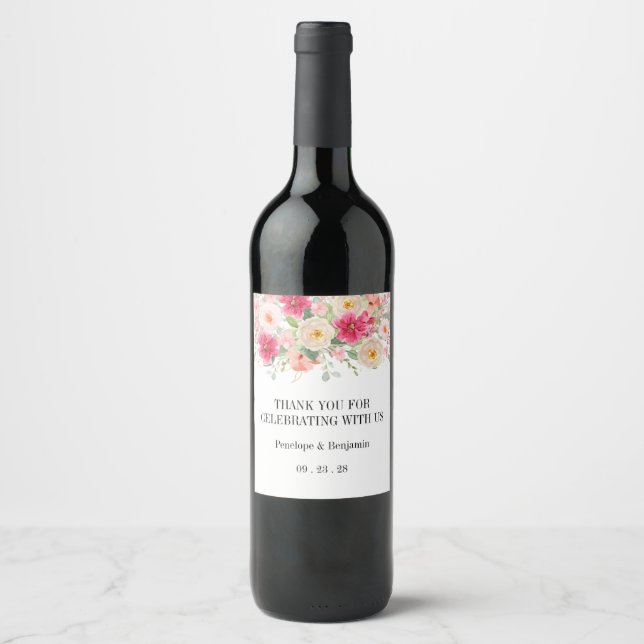 Modern Watercolor Bright Pink Floral Wedding Wine Label (Front)
