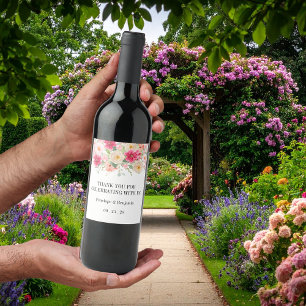 Modern Watercolor Bright Pink Floral Wedding Wine Label