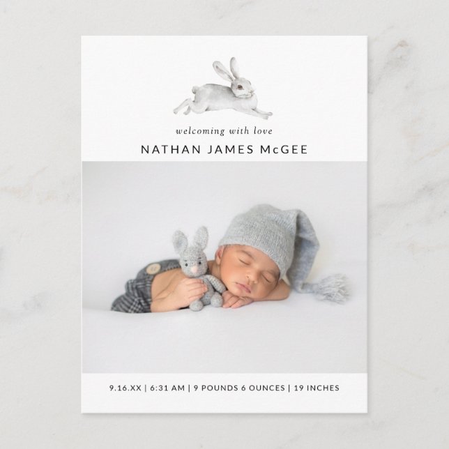 Modern Watercolor Bunny Photos Birth Announcement Postcard (Front)