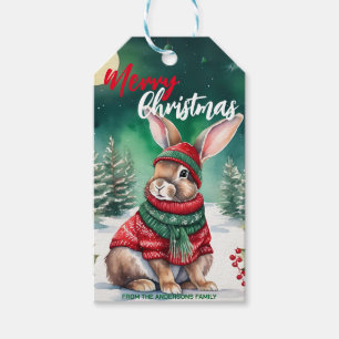 Modern watercolor Bunny rabbit Christmas tree Snow Gift Tags