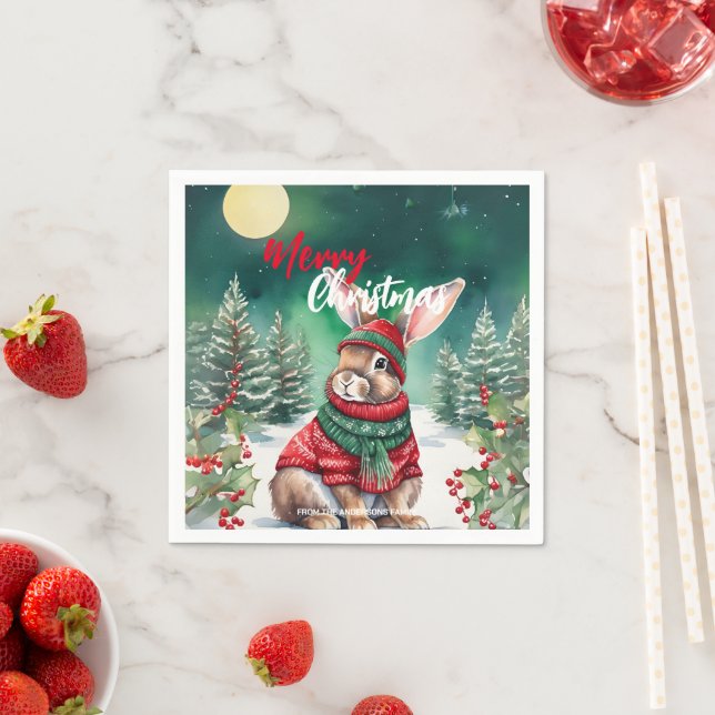Modern watercolor Bunny rabbit Christmas tree Snow Napkin (Insitu)