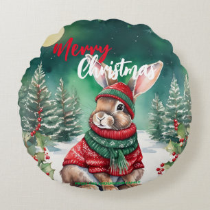 Modern watercolor Bunny rabbit Christmas tree Snow Round Pillow