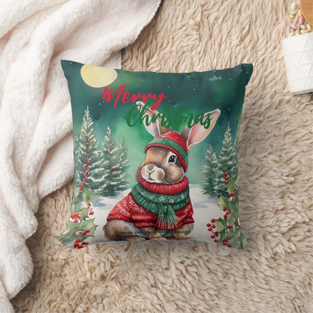 Modern watercolor Bunny rabbit Christmas tree Snow Throw Pillow (Blanket)