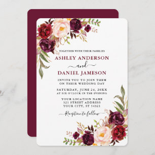 Modern Watercolor Burgundy Floral Greenery Wedding Invitation