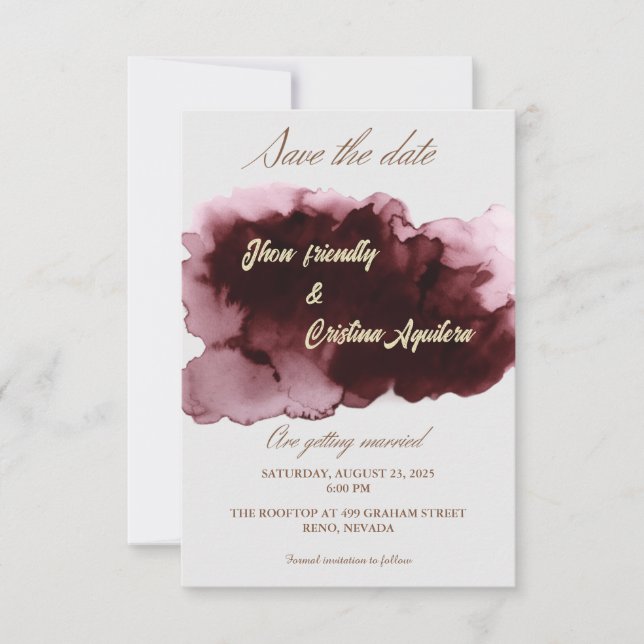 Modern Watercolor Burgundy Save The Date Card (Front)