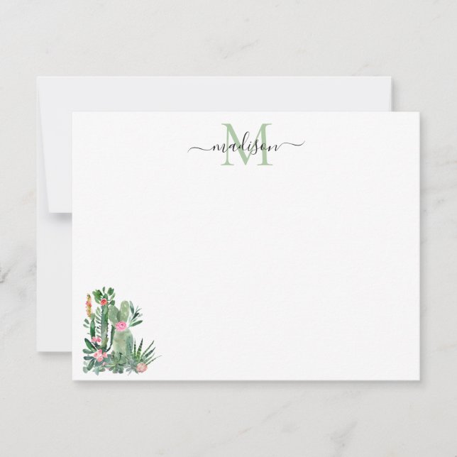 Modern Watercolor Cactus Floral Desert Monogram Card (Front)
