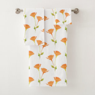 Modern Watercolor California Poppies Pattern Bath Towel Set