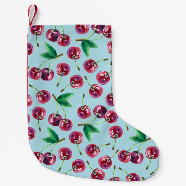 Modern Watercolor Cherries: Juicy Berry Pattern Small Christmas Stocking (Front)