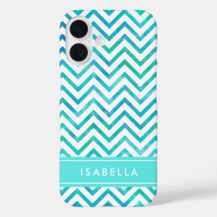 Modern  Watercolor Chevron Pattern Blue and White iPhone 16 Case