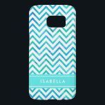 Modern  Watercolor Chevron Pattern Blue and White Samsung Galaxy S7 Case<br><div class="desc">Protect your cell phone in style with this chic modern Samsung Galaxy S7 Case. Cover design features a pretty white and blue green teal chevron zig-zag pattern, turquoise stripe, and your name or other customized text in a simple white typography font. This elegant and trendy phone case makes a stylish...</div>