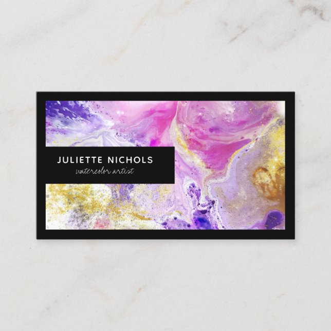 Modern watercolor chic pink purple gold artist business card (Front)
