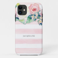 MODERN Watercolor Chic Wide Stripes w Roses
