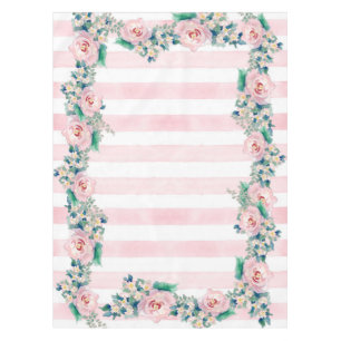 MODERN Watercolor Chic Wide Stripes w Roses Tablecloth