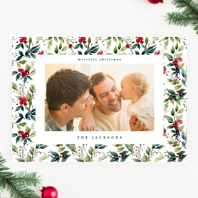 modern watercolor christmas botanical frame holiday card (Creator Uploaded)