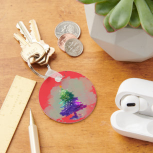 Modern Watercolor Christmas colourful Pine Tree Keychain