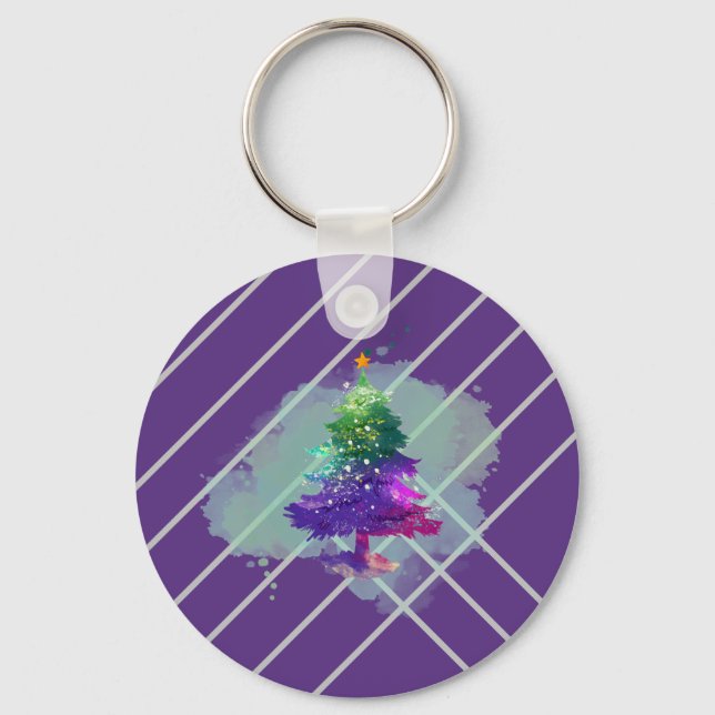 Modern Watercolor Christmas colourful Pine Tree Keychain (Front)