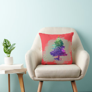 Modern Watercolor Christmas colourful Pine Tree Throw Pillow
