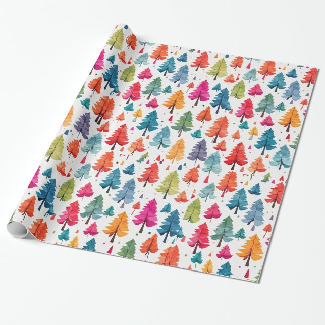 Modern Watercolor Christmas Colourful Pine Trees Wrapping Paper (Unrolled)