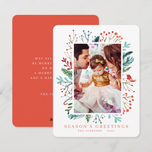 Modern Watercolor Christmas Foliage Botanicals Holiday Card (Front/Back)