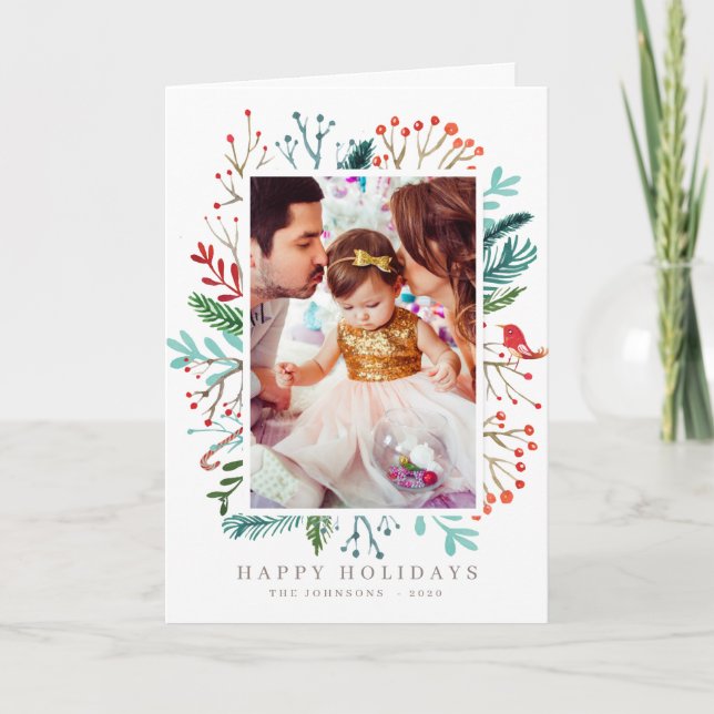 Modern Watercolor Christmas Foliage Botanicals Holiday Card (Front)