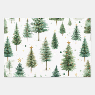 Modern Watercolor Christmas Green Tree Wrapping Paper Sheet