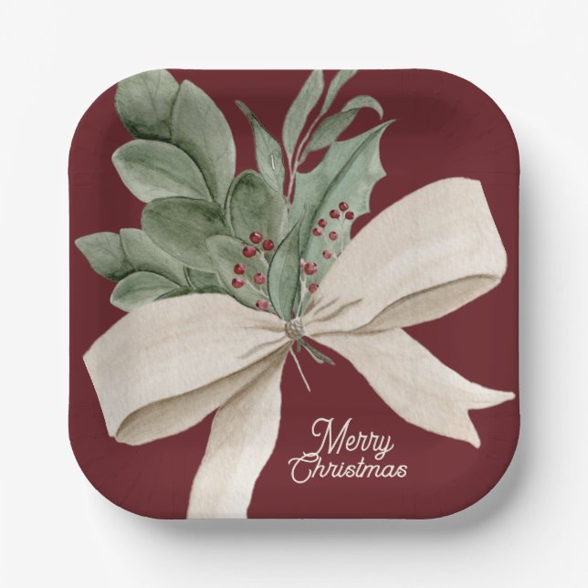 Modern Watercolor Christmas Greenery Paper Plate (Front)