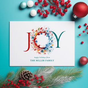 Modern Watercolor Christmas Joy Botanical Wreath Holiday Card