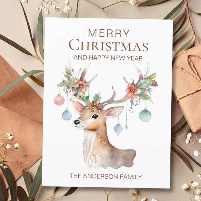 Modern Watercolor Christmas Ornament Reindeer Flat Holiday Card (Creator Uploaded)