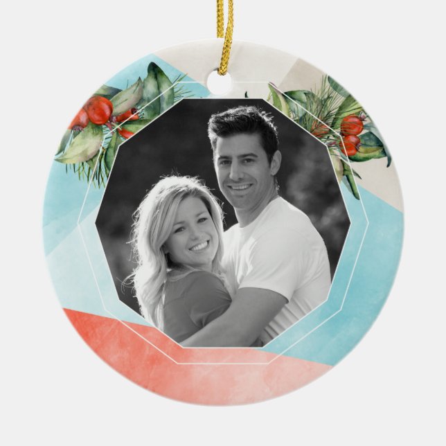 Modern Watercolor Christmas Photo Ceramic Ornament (Front)