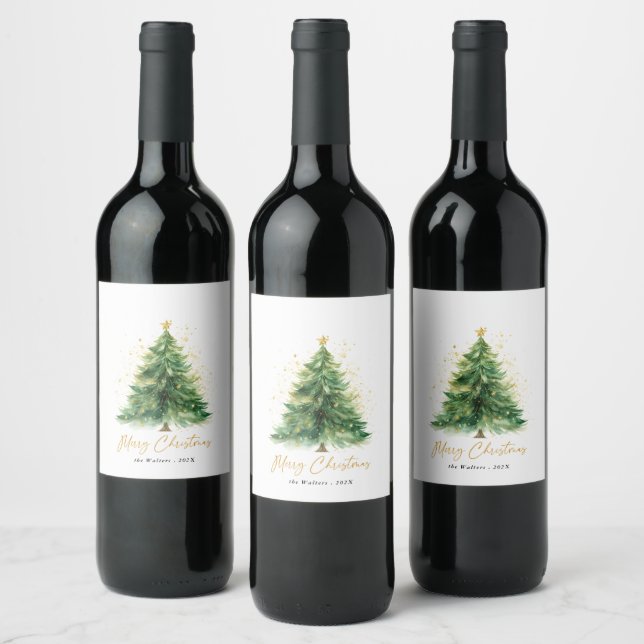 Modern Watercolor Christmas Pine Tree  Wine Label (Bottles)